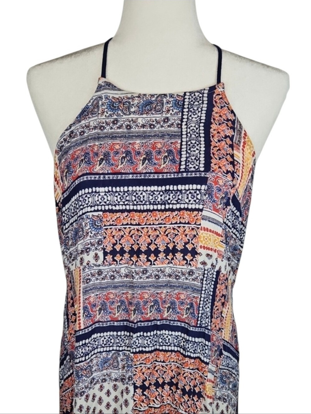 Boho Beach Asymmetrical Dress Navy Blue Orange Multicolor Sundress Bohemian, L - Picture 2 of 8